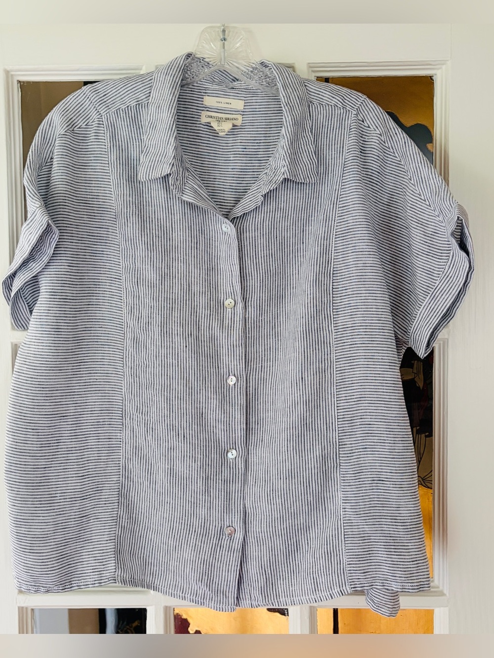 Christian Siriano 100% Linen Striped Button Up Short Sleeve Shirt Top SZ L - Picture 2 of 9